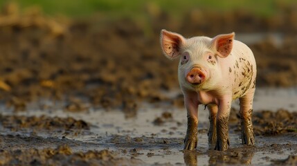 Little pig with mud-streaked face staring into the distance, standing in a shallow muddy patch