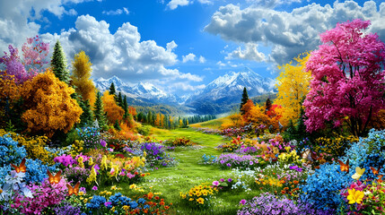 Vibrant colorful landscape painting dreamy meadow with autumn trees and mountains