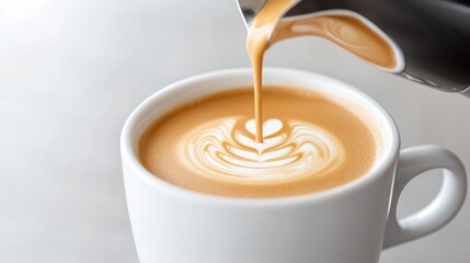 Creamy latte art coffee drink in white cup warm beverage food photography