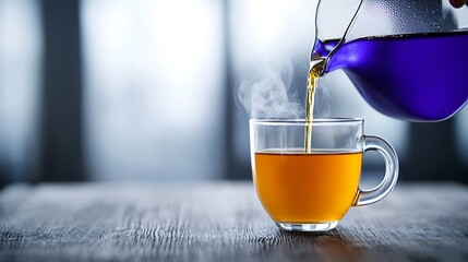 Golden liquid pours into a clear glass cup, creating a warm and inviting beverage scene