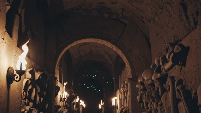 A torch lit underground catacomb 