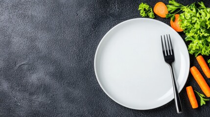 Empty plate with fresh carrots and green vegetables healthy eating concept