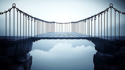 Suspension bridge spanning a chasm in misty clouds.