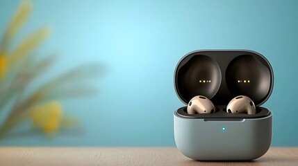 Gray wireless earbuds case open, revealing earbuds, sitting on wood table. Background is a blurry blue hue