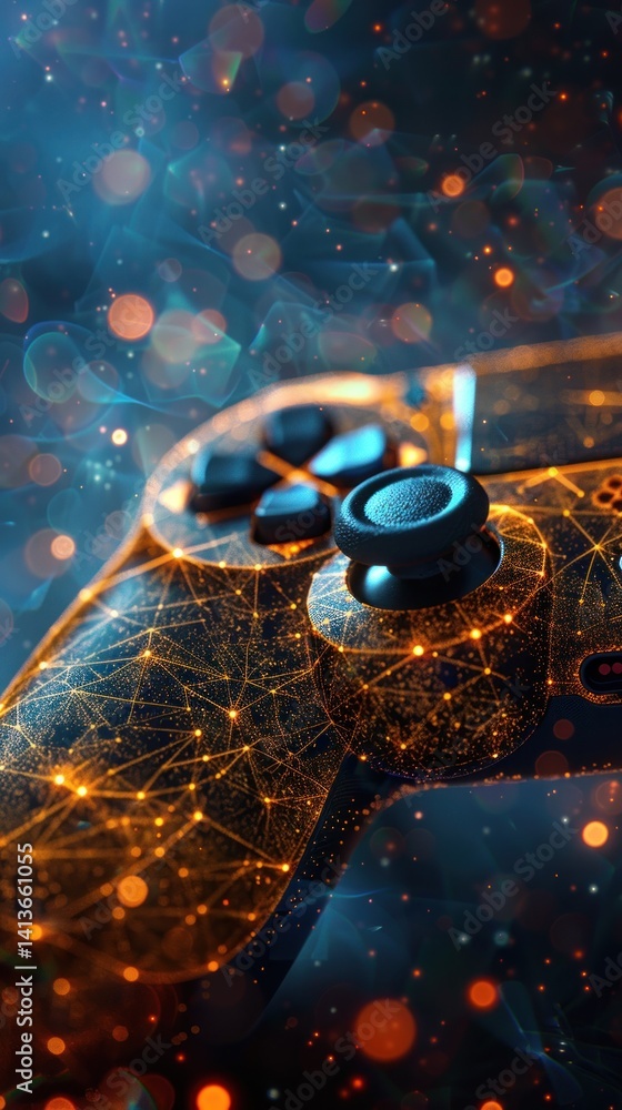 Poster futuristic game controller in digital network, bokeh background