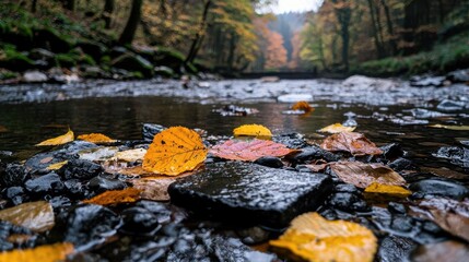 Serene autumn stream scene peaceful nature photography for relaxation and wellness