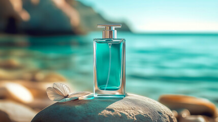Elegant perfume bottle beside a tranquil beach setting with sparkling turquoise water