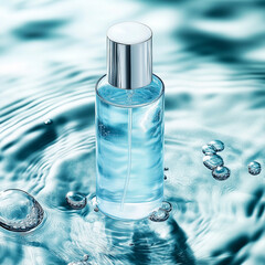 Blank cosmetic bottle stands in clear blue water. Mockup of a skin care product