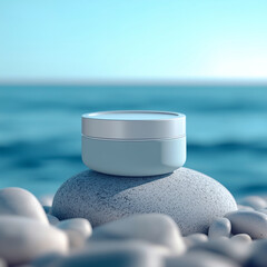 Jar with cosmetic cream stands on pebbles on the background of the sea. Mockup of skin care product