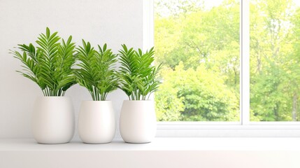 Vibrant green houseplants in modern white planter on sunny windowsill