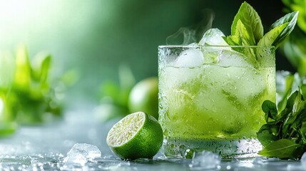 Refreshing lime mint beverage with ice cubes vibrant green colors perfect for summer drinks and food advertising