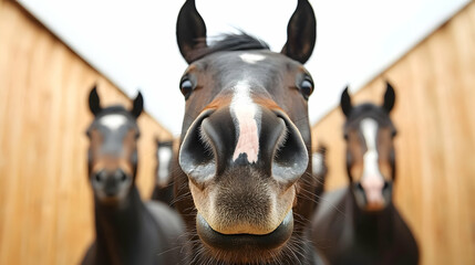 Three horses close up stable portrait intimate powerful equine photography