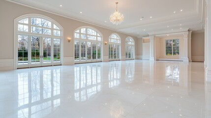 Elegant spacious hallway interior design with arch windows and soft natural light