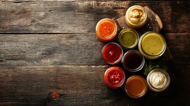 Various condiments and sauces in glass jars on a rustic wooden surface.