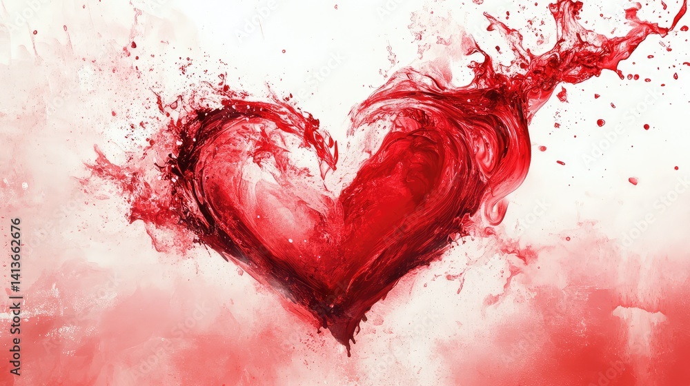 Poster artistic heart splash on canvas-style background in shades of red, open area for design elements