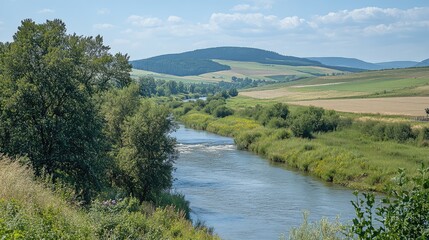 A beautiful natural landscape with vibrant green trees, a flowing river, and distant hills, leaving an open space for creative designs or text in the center