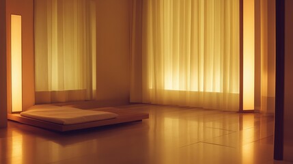 Fototapeta premium A calm and minimalist bedroom with Asian-style wooden elements, soft neutral tones, and warm lighting, offering ample space for overlay text or creative designs