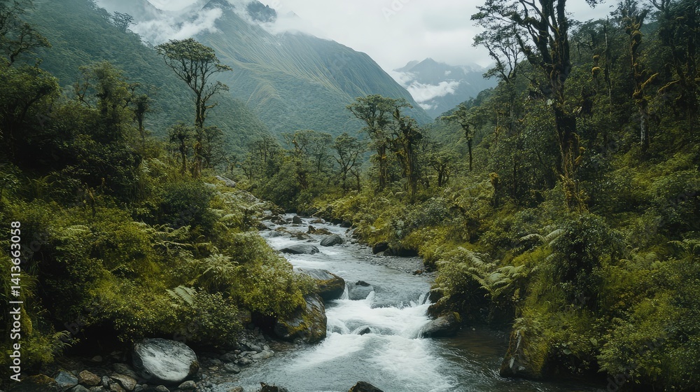 Poster a clear mountain stream flowing through a lush forest, surrounded by greenery, offering plenty of sp