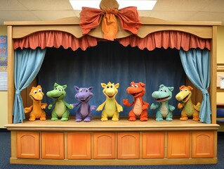 Colorful Dinosaur Puppets on a Wooden Stage for Children's Entertainment
