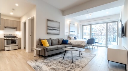 Modern open plan living room interior design with gray sofa and natural light
