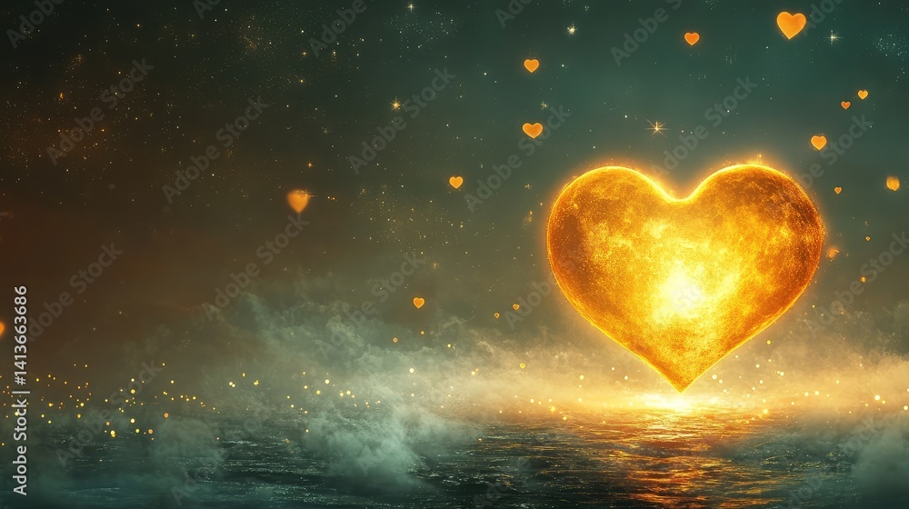 Poster a glowing heart-shaped moon surrounded by mist and stars, with floating light particles, creating a 