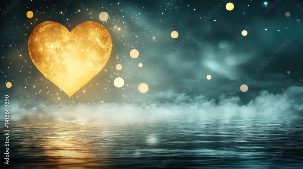 Poster a glowing heart-shaped moon surrounded by mist and stars, with floating light particles, creating a 