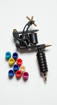 Tattoo machine and ink caps on white background