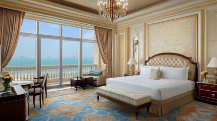 A luxurious bedroom in a sea view suite with large windows and natural light flooding the space, offering ample room for overlay text or creative designs