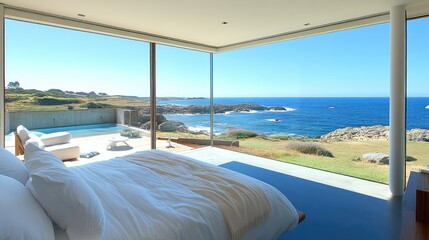 Fototapeta premium A minimalist bedroom with a panoramic view of the ocean, large windows, and simple furnishings, offering ample space for overlay text or creative designs