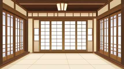 A minimalist Japanese bedroom with sliding doors, wooden accents, and soft lighting, leaving plenty of room for overlay text or design elements