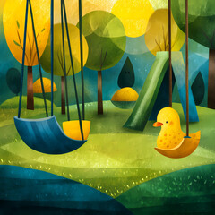 A duck is sitting on a swing in a park