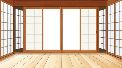 A minimalist Japanese bedroom with sliding doors, wooden floors, and clean decor, leaving plenty of space for text or creative graphic designs