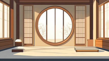 A modern Asian-style bedroom with minimalist furniture, large wooden windows, and neutral tones, offering ample space for text or graphic designs in the center