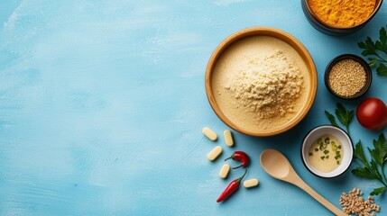 Food Ingredients Arrangement with Spices and Seasonings on a Surface