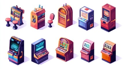 Isometric collection of retro arcade slot machines for entertainment and gambling
