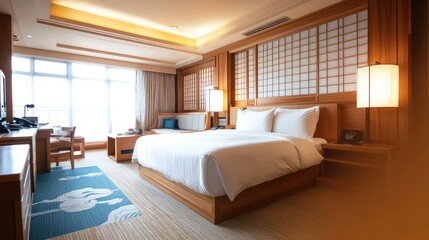 A modern Asian-style suite with sleek wooden furniture, clean design, and a serene color palette, creating plenty of space for overlay text or design elements