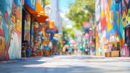 Obraz premium Vibrant street art alley bustling with people and colorful murals