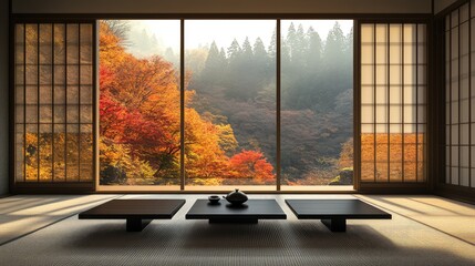 A modern Asian-themed living room with minimalist furnishings, floor-to-ceiling windows, and a serene atmosphere, creating ample room for overlay text or graphic designs
