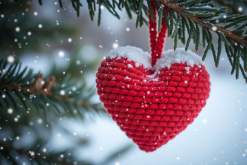 red crocheted heart hanging from a pine tree covered in snow