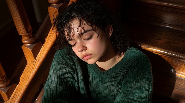 Sad young woman sitting on wooden stairs.