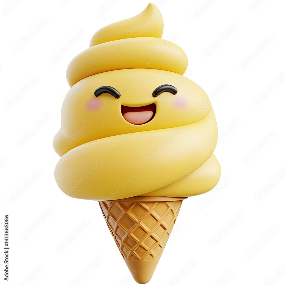 Poster smiling yellow ice cream cone with happy expression in front of transparent background