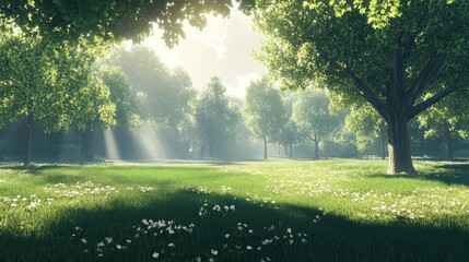 A peaceful public park with large, open grassy areas and a few trees, offering central space for overlay text or graphic design