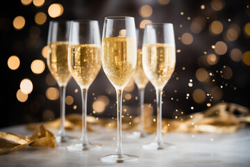 
Festive gold-rimmed champagne flutes with bubbly drinks
