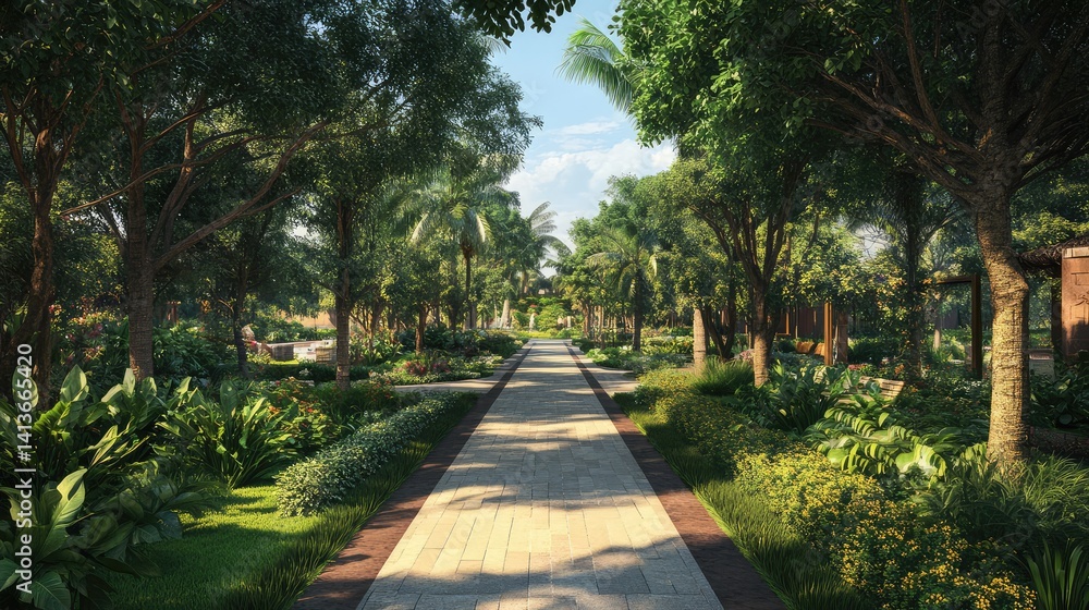 Poster a quiet park path lined with trees and greenery, leading into a lush, open area with plenty of space