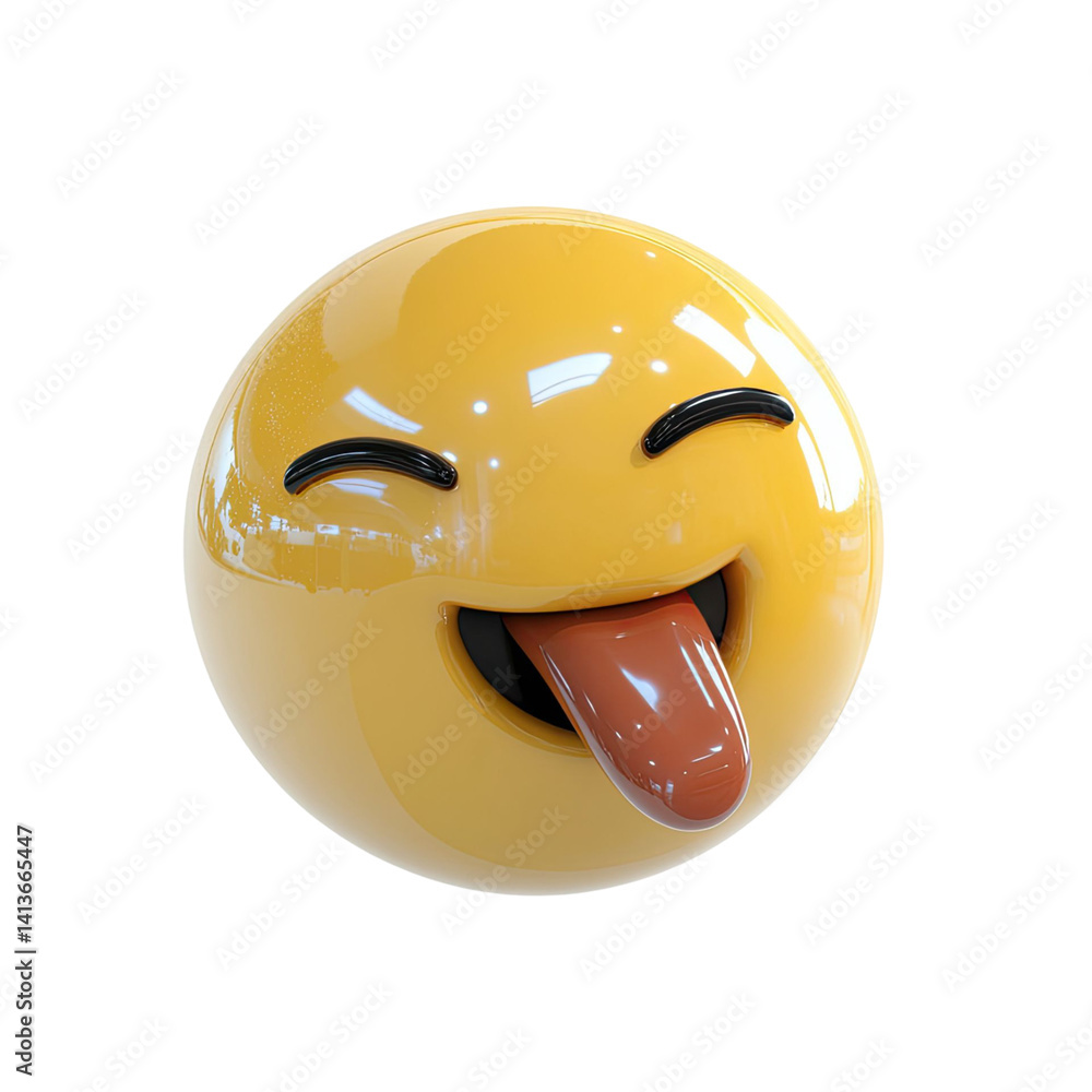 Poster 3d rendered yellow sphere with a glossy finish showcasing a smiling face and extended tongue against
