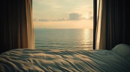 Fototapeta premium A serene hotel room with a stunning ocean view, a comfortable bed, and minimalist design, leaving plenty of room in the center for text or graphic designs