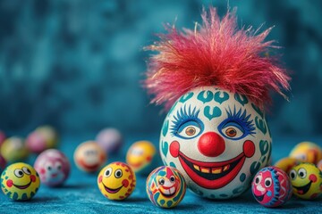 Clown-themed decorative balls on a teal background
