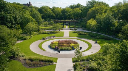 A wide public park with lush greenery and well-maintained lawns, a serene and peaceful environment with ample open space for text or design