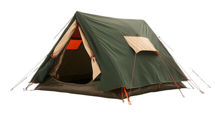 Isolated Photo of a Green Camping Tent with Orange Accents on Black Background