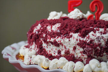 Delicious red velvet cake for birthdays. Birthday celebration. Present.